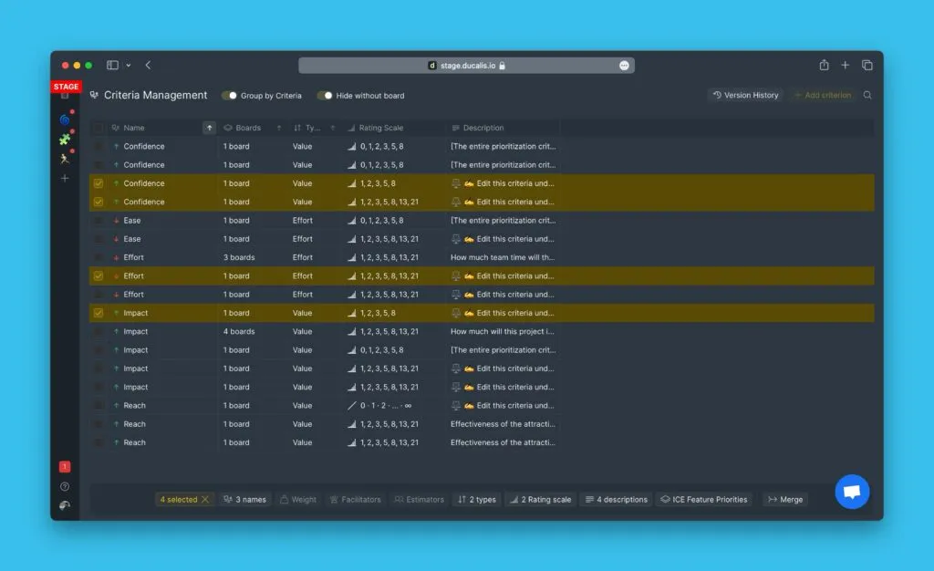 Выбранные критерии