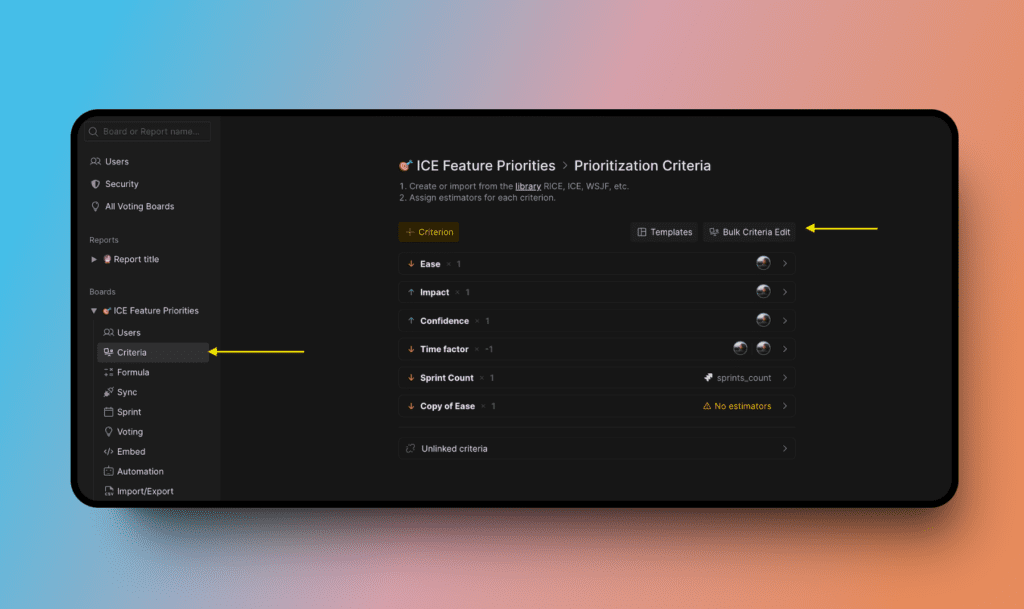 Ссылка на глобальное управление критериями в настройках доски