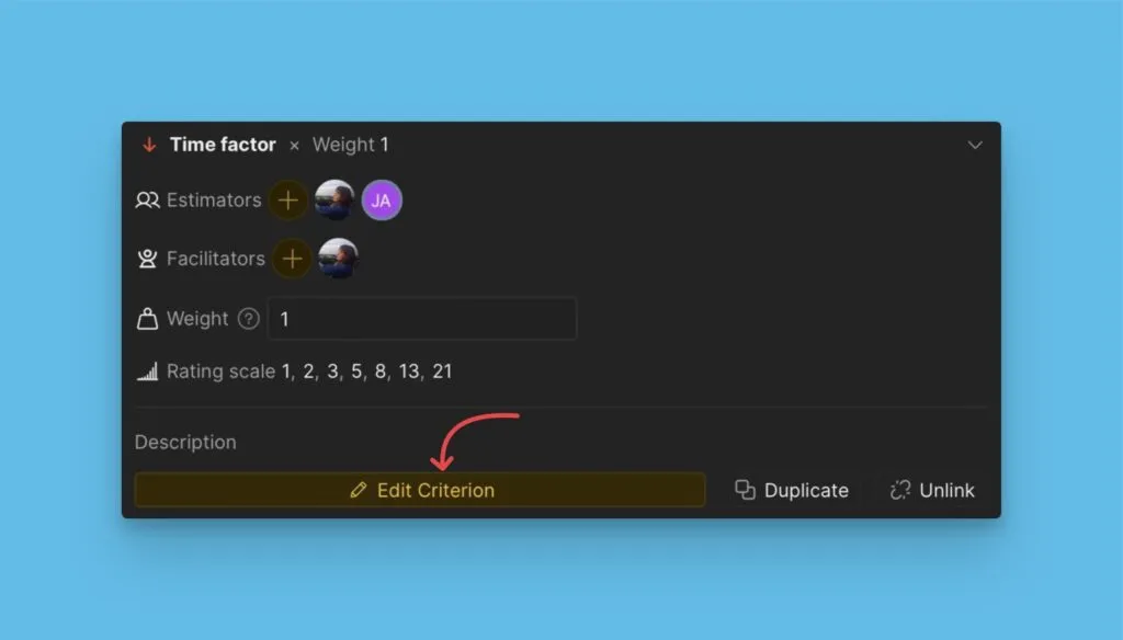 Опция редактирования Критерия