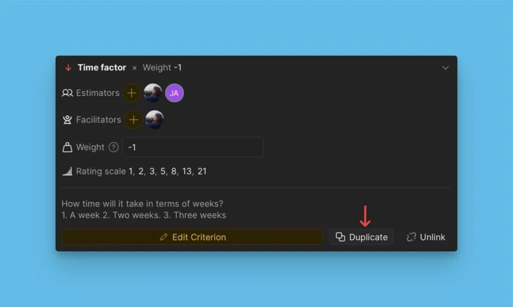 Опция дублирования Критерия