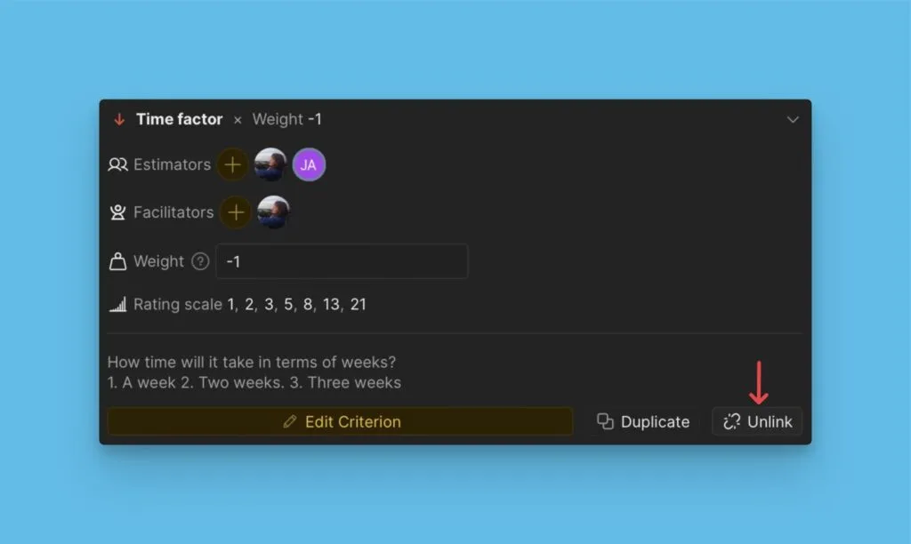 Опция отвязки Критерия