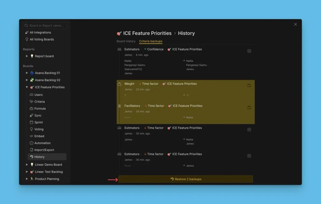 Опция восстановления из истории