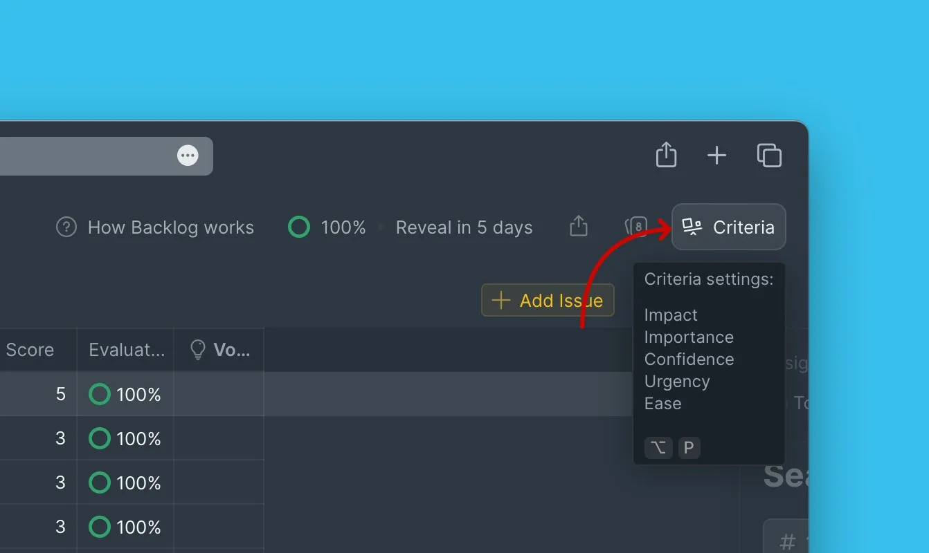 Расположение настроек критериев