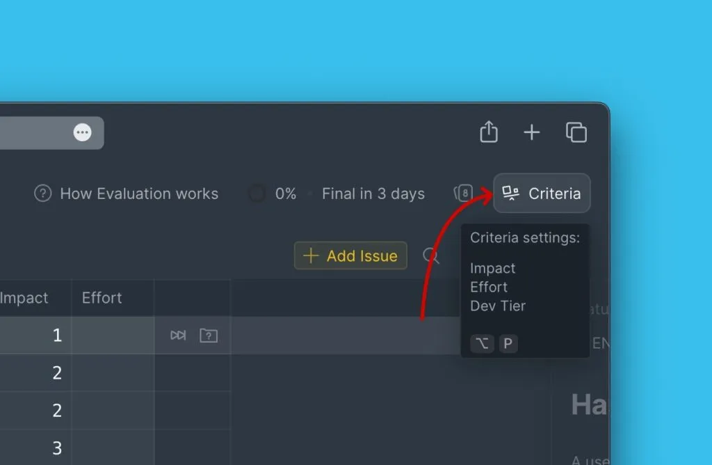 Расположение меню настроек критериев