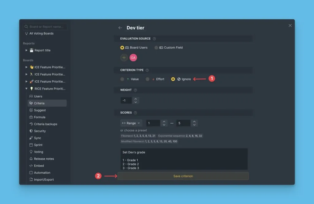 Опция Ignore в выпадающем списке типа критерия