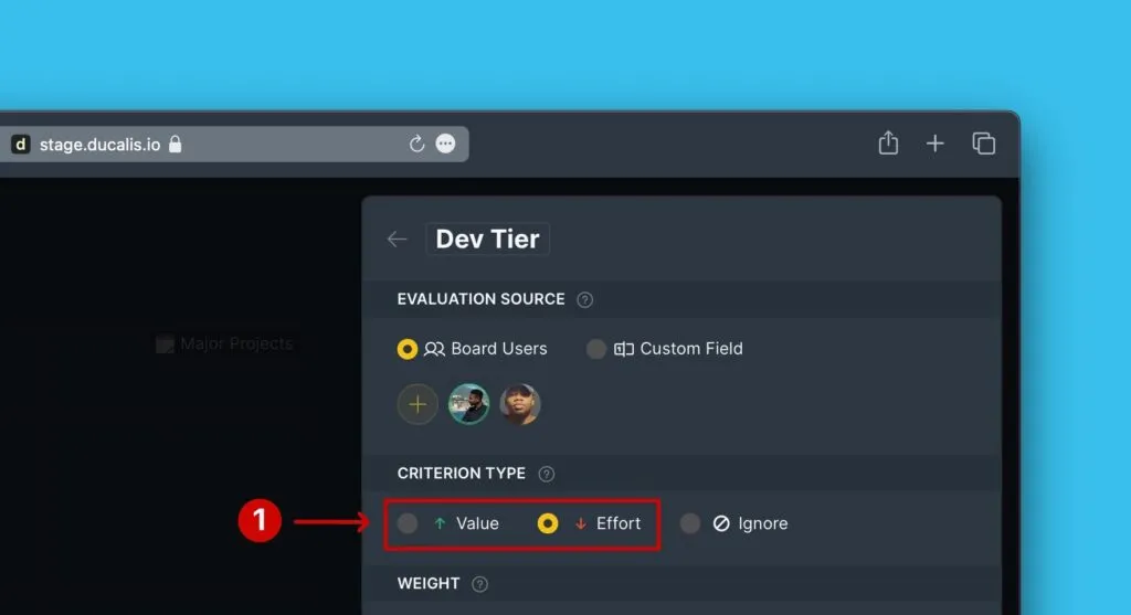 Выбор типа Ценность или Трудозатраты для Критерия