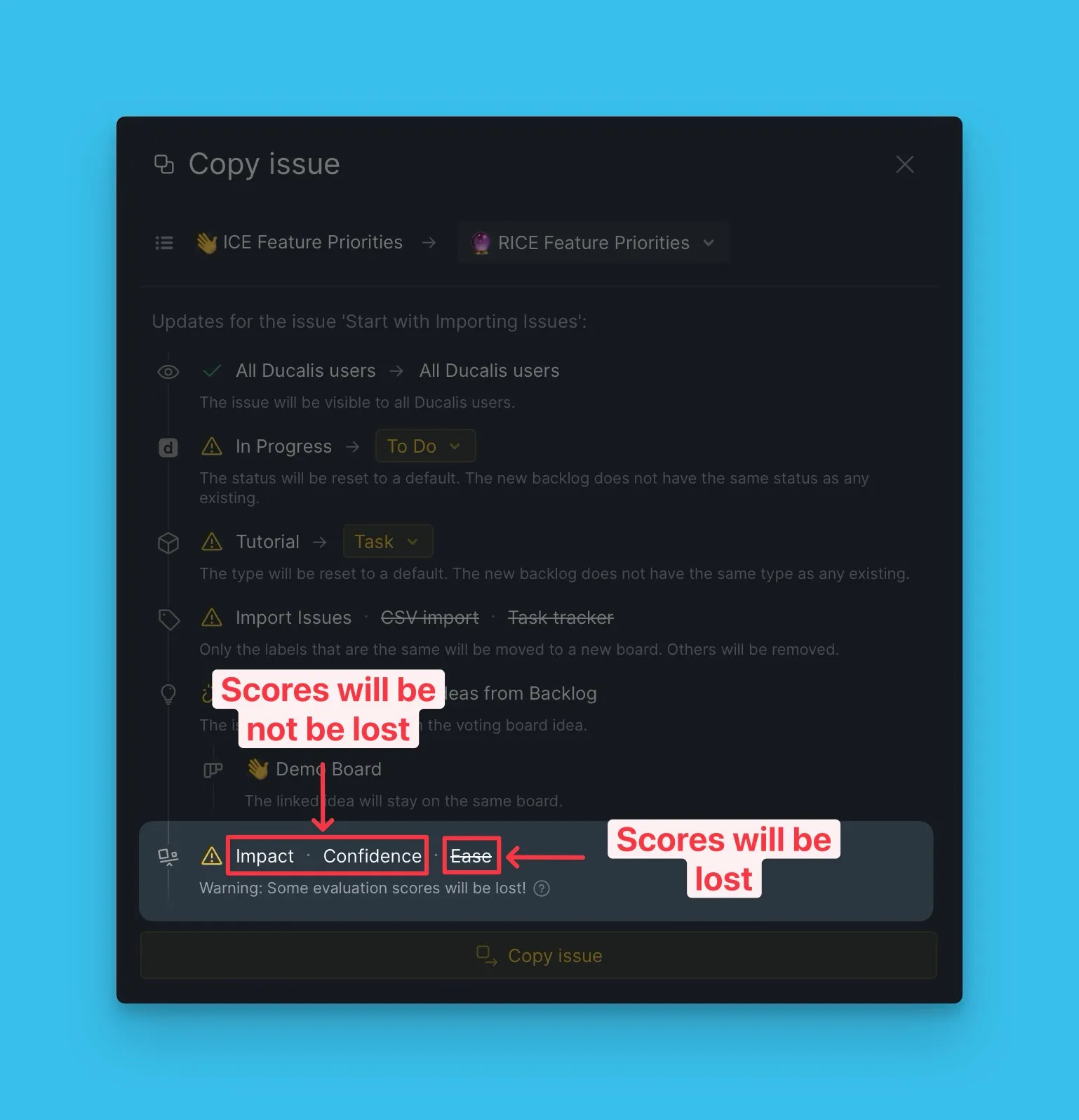 Предпросмотр переноса оценок, показывающий, какие оценки будут скопированы вместе с Задачей