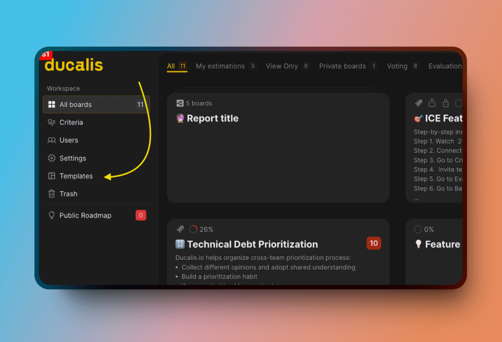 Меню шаблонов в боковой панели