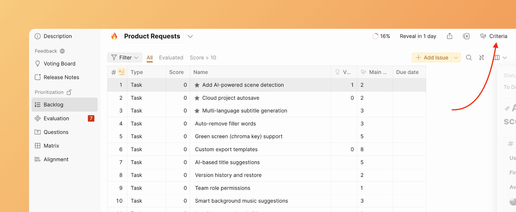 Criteria settings menu location