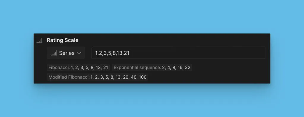 Пресеты шкал оценки, включая Фибоначчи и размеры футболок
