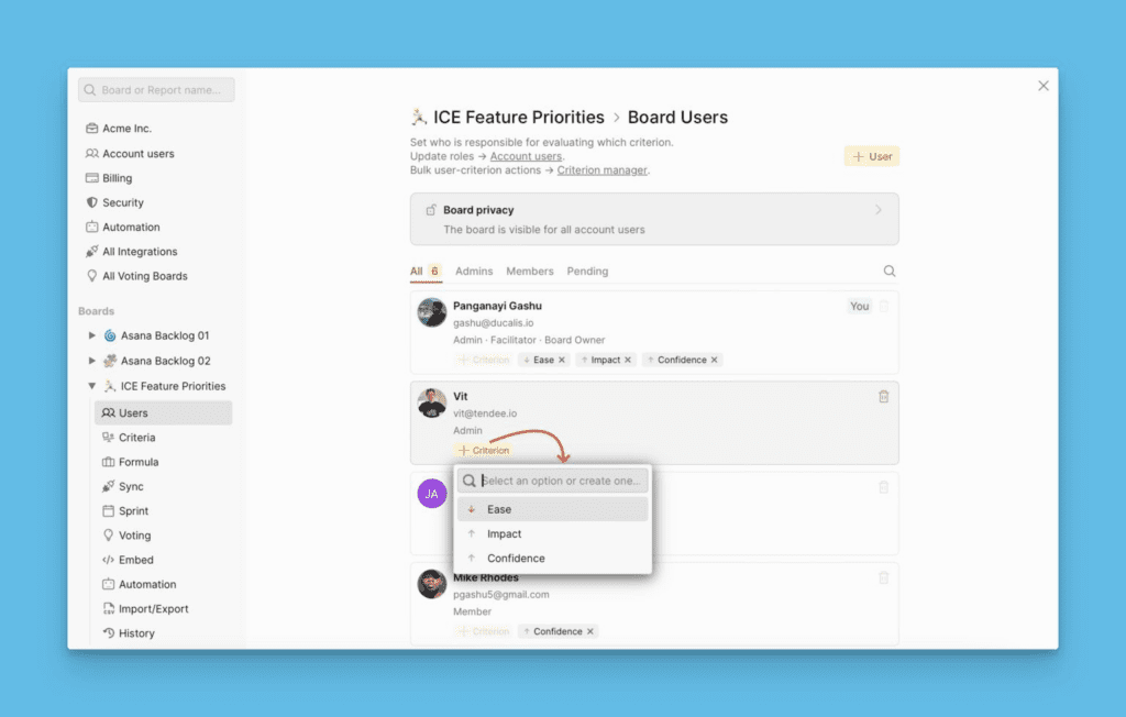Добавление критерия пользователю