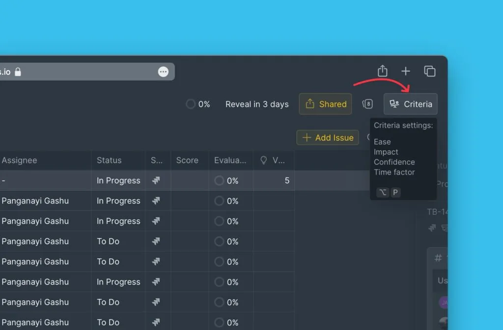 Расположение настроек критериев в меню приоритизации