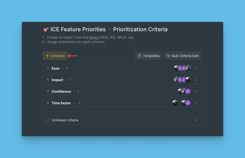 Кнопка добавления критерия на странице настроек критериев