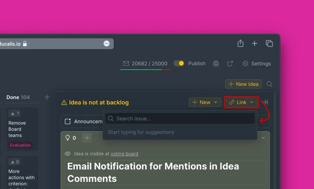 Диалог связывания Идеи с полем поиска Задач