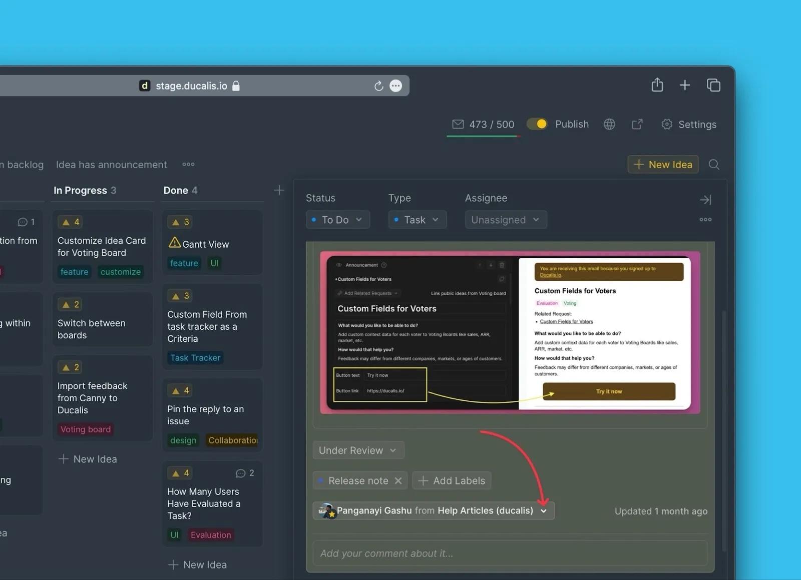 Выпадающий список автора в карточке идеи