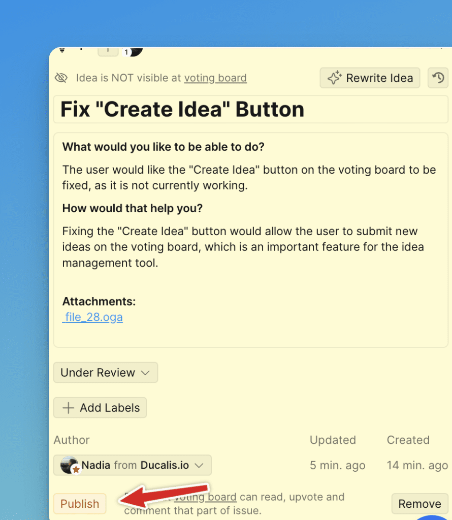 Опубликованная Идея на Доске идей