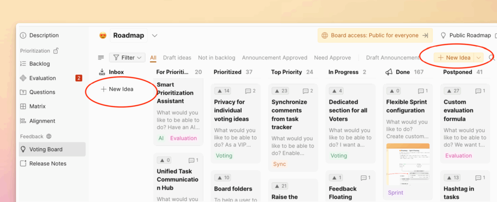 Расположение кнопки Новая Идея