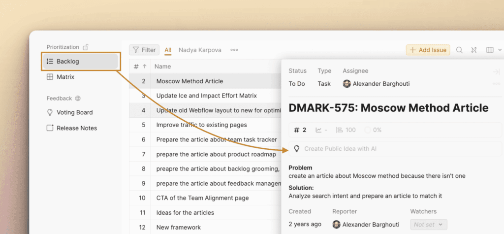 Расположение кнопки Создать публичную Идею с помощью AI