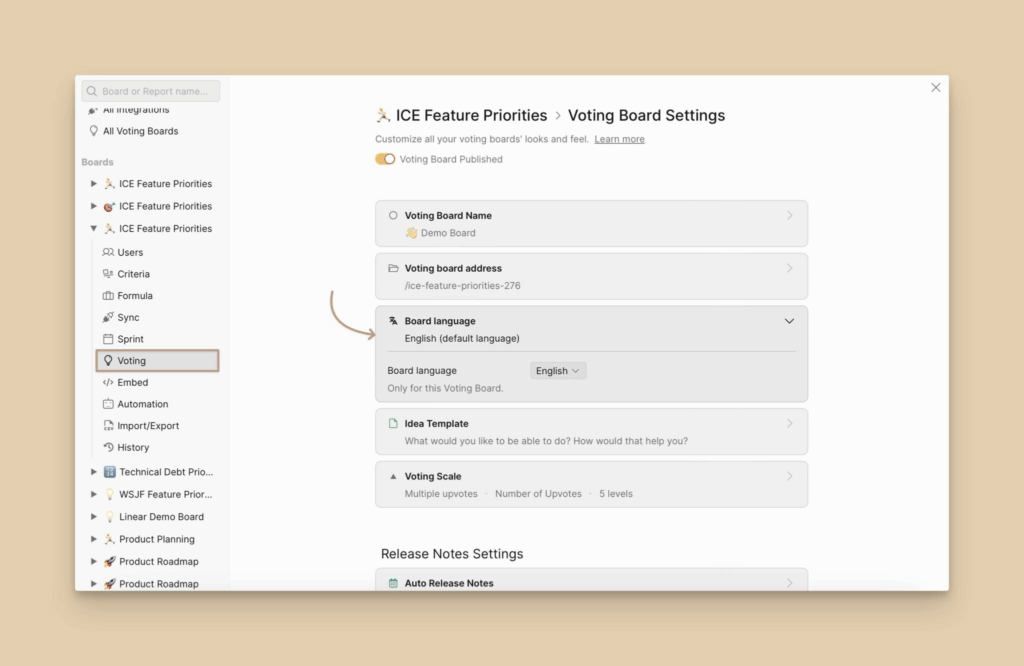 Настройки языка для Доски идей