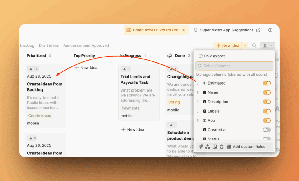 Интерфейс изменения порядка полей