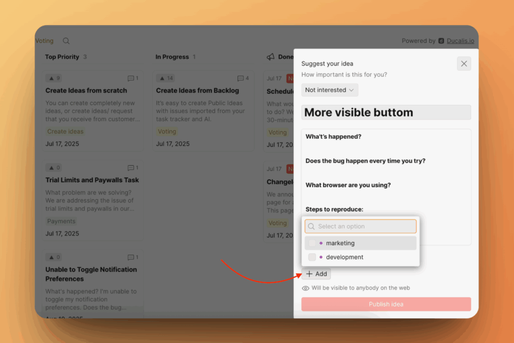 Вид формы создания Идеи для голосующих с кастомными полями