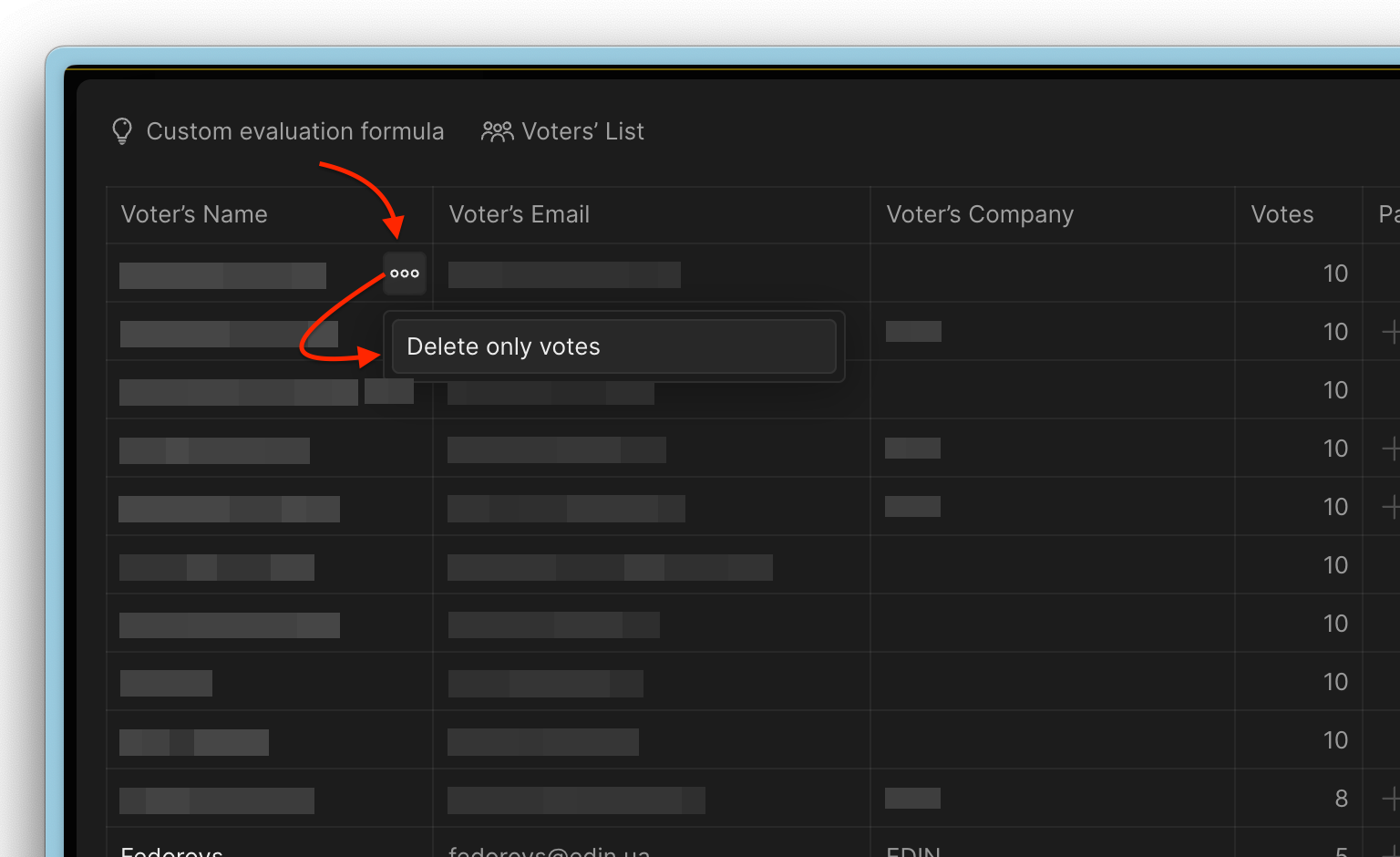 Опция Удалить только голоса в выпадающем меню