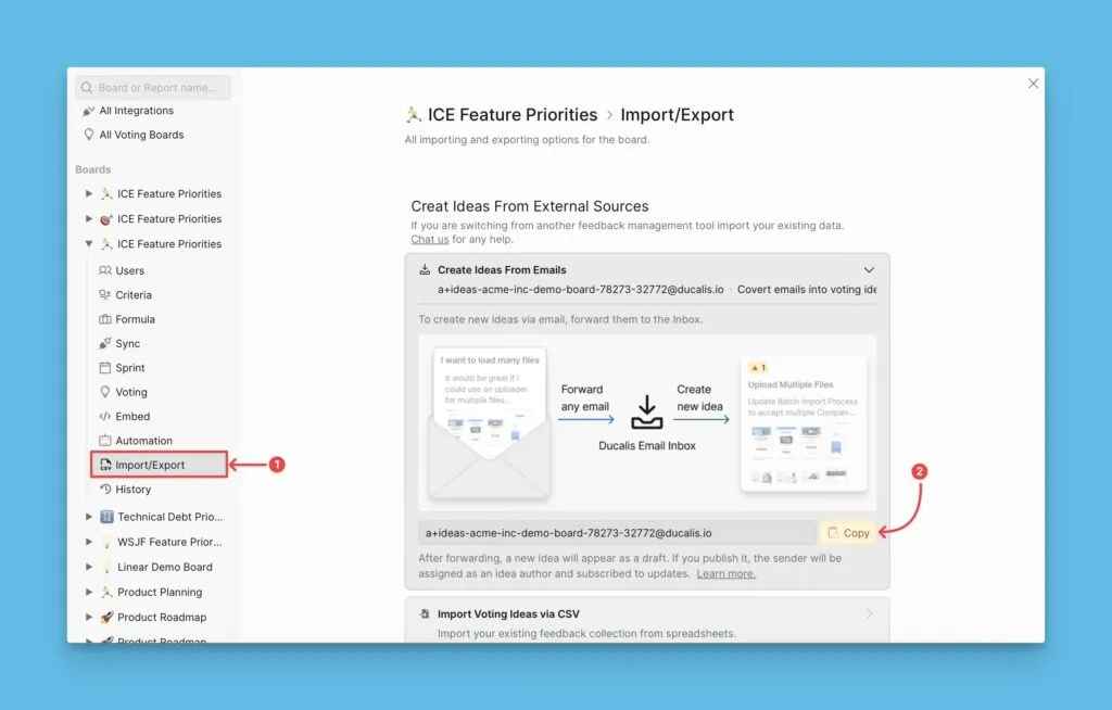 Страница настроек, показывающая расположение email-адреса Доски идей