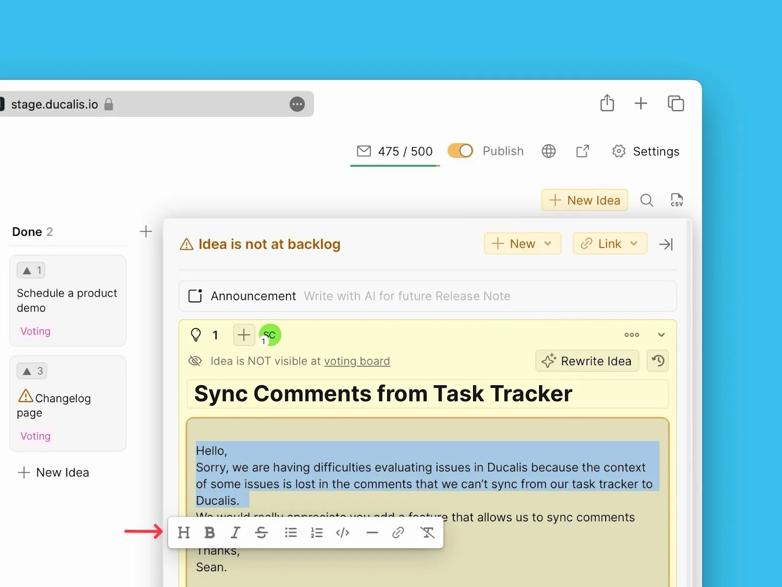 Административная панель, показывающая черновик Идеи, готовый для редактирования