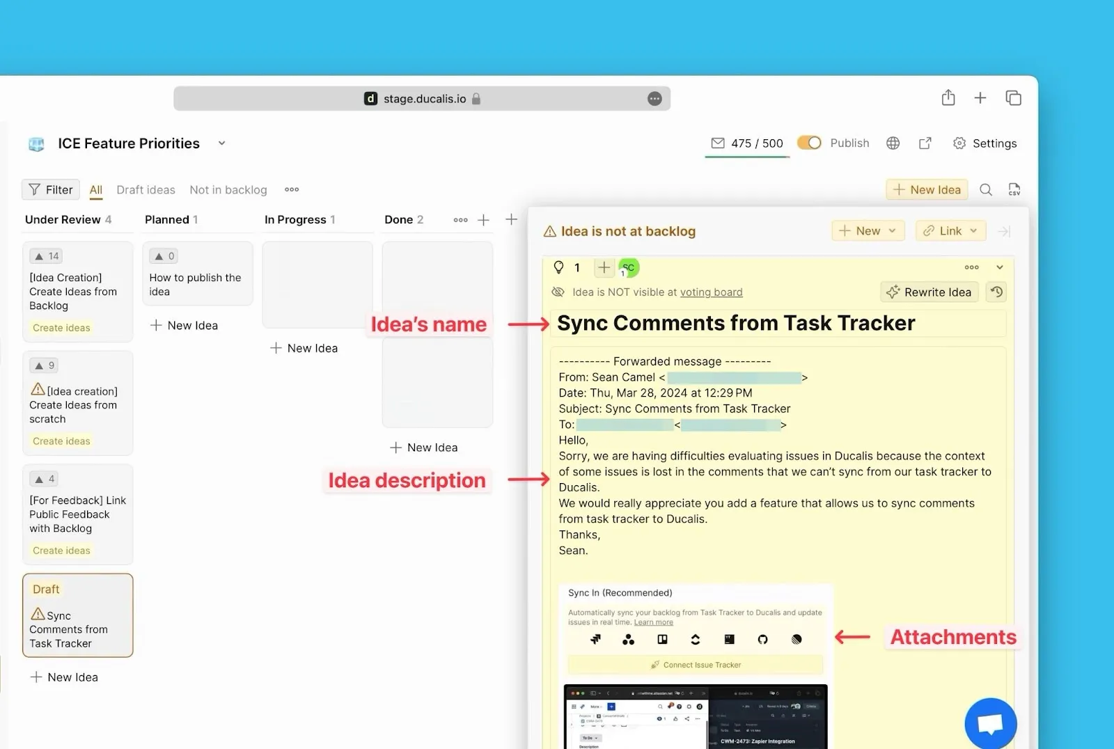 Черновик Идеи, показывающий содержимое письма как заголовок и описание