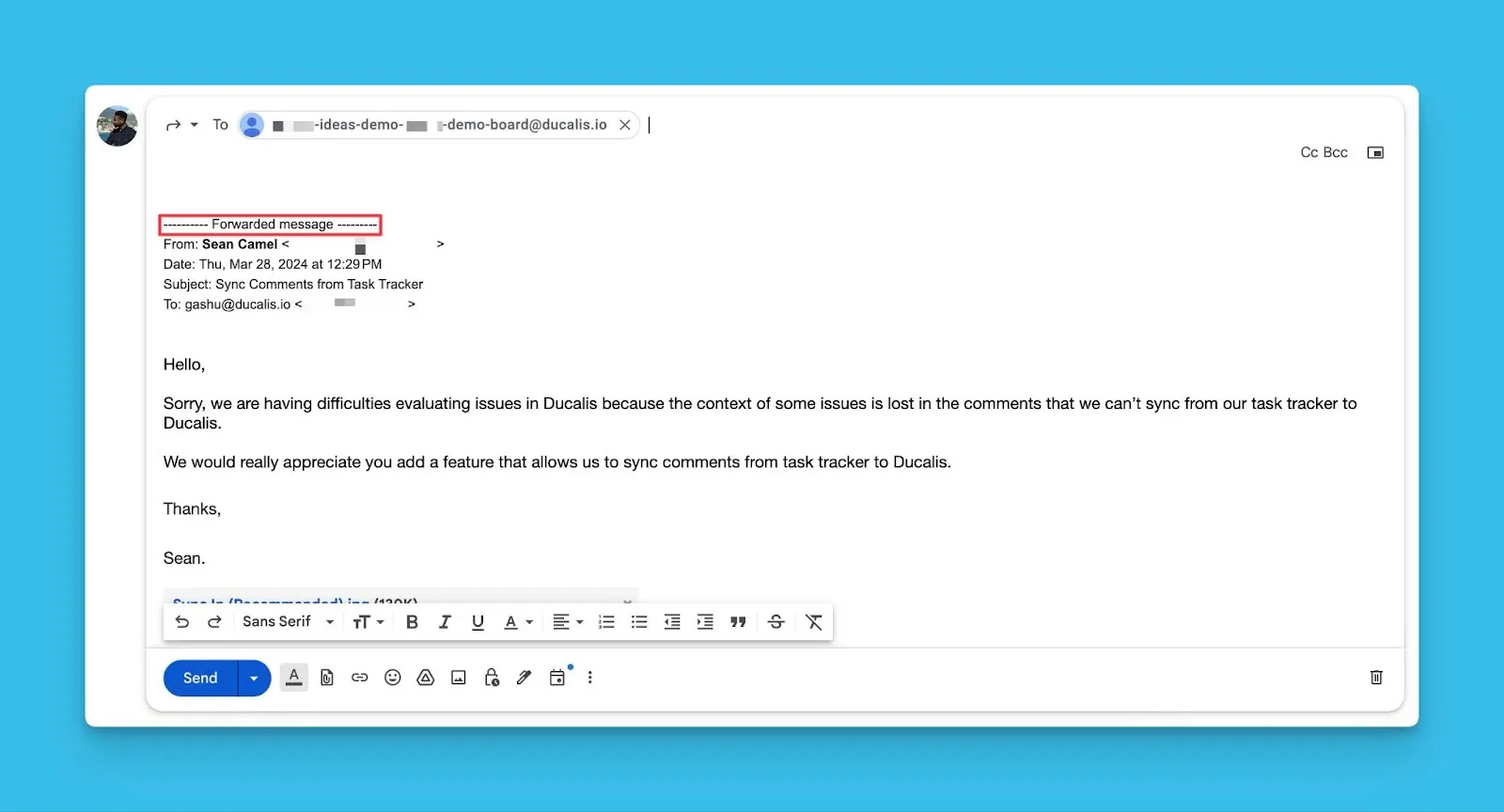 Email-клиент, показывающий перенаправление на адрес Доски идей