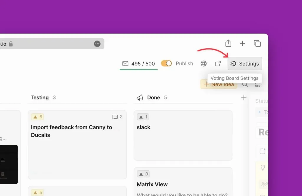 Кнопка настроек Доски идей