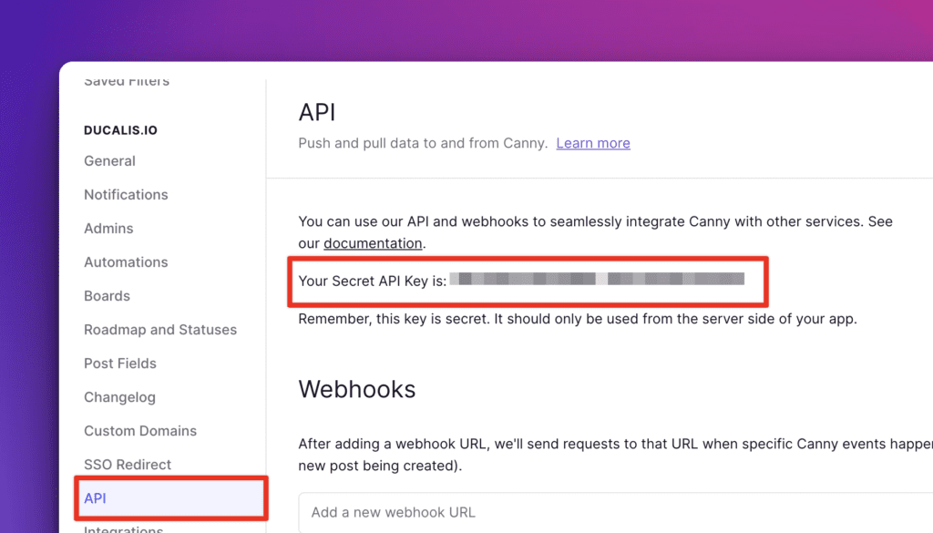 Расположение API-ключа Canny