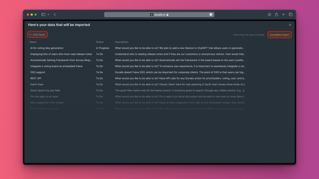 Кнопка завершения импорта