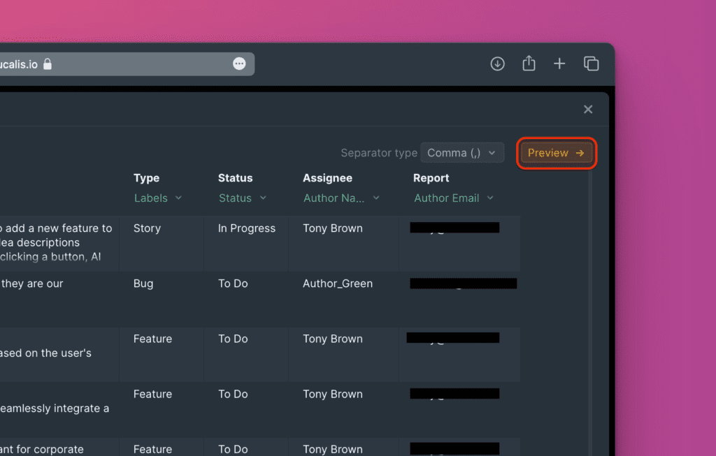 Предпросмотр импортированных данных