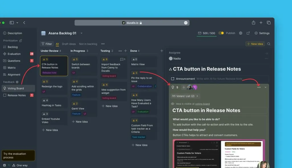 Меню с тремя точками на карточке Идеи