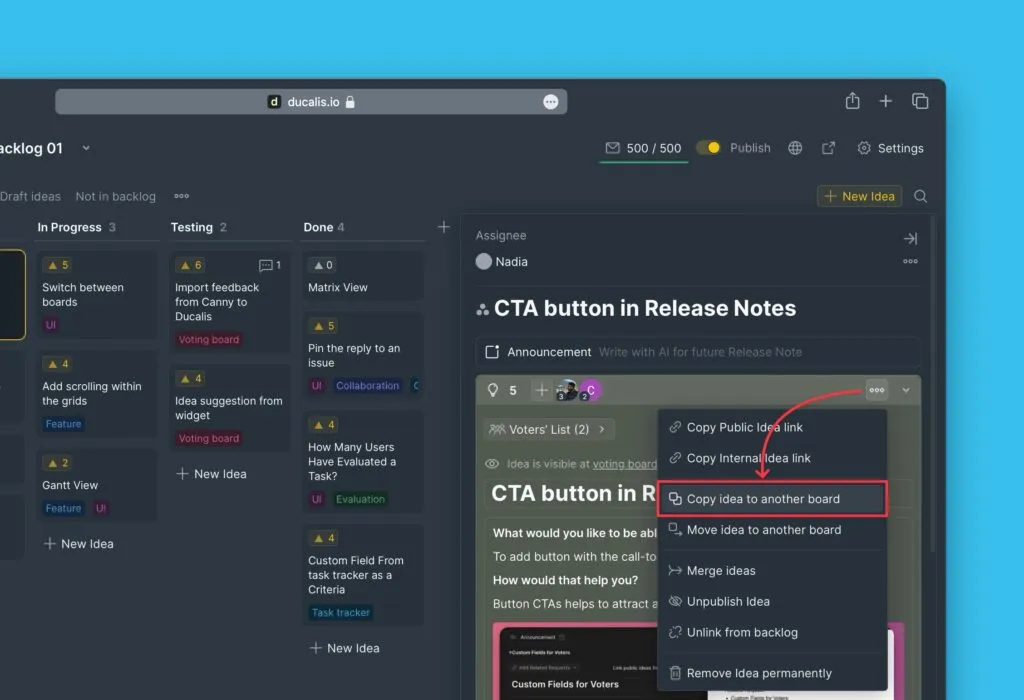 Опция меню для копирования идеи