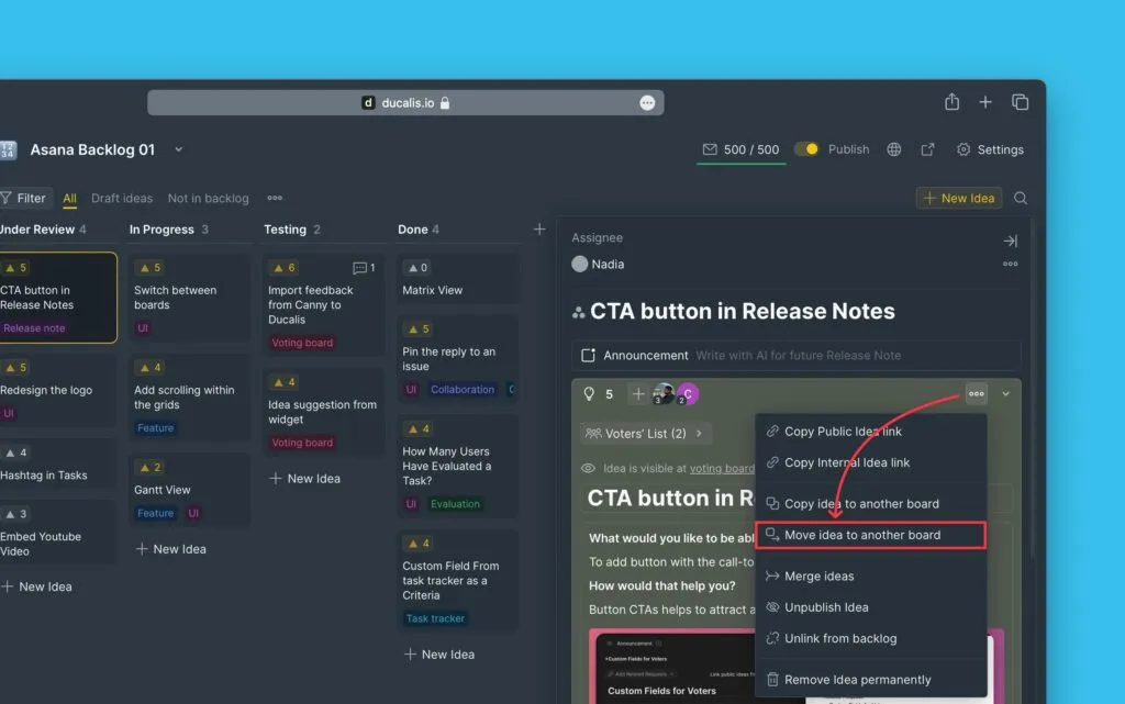 Опция меню для перемещения идеи