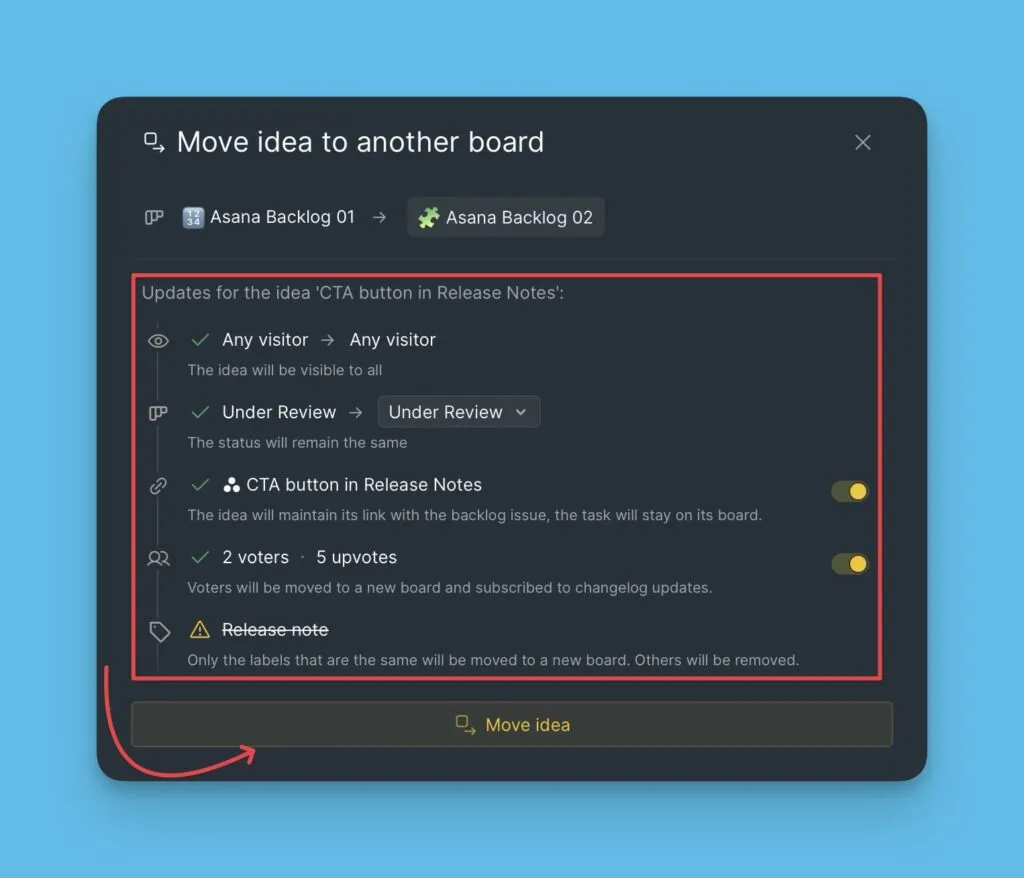 Подтверждение перемещения с опциями