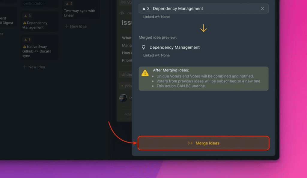 Интерфейс объединения дублирующихся Идей