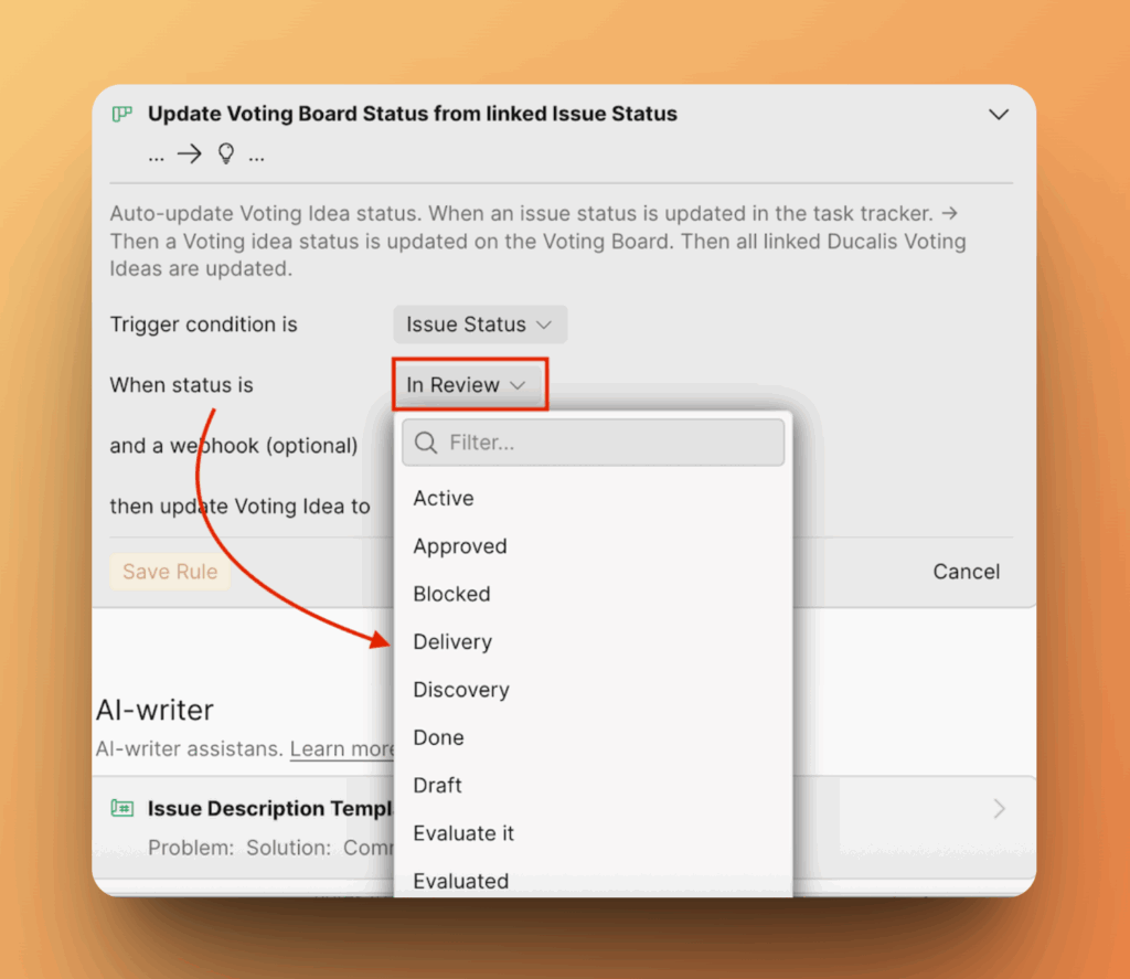 Выпадающий список статусов Задачи