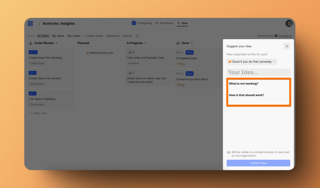 Шаблон, отображаемый голосующим при создании Идей