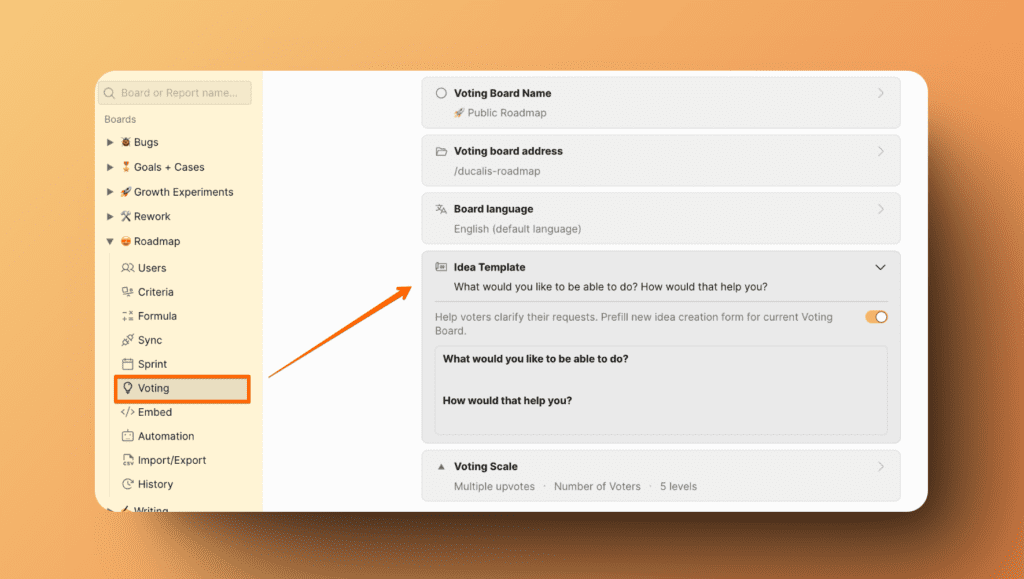 Блок Шаблон Идеи в настройках голосования