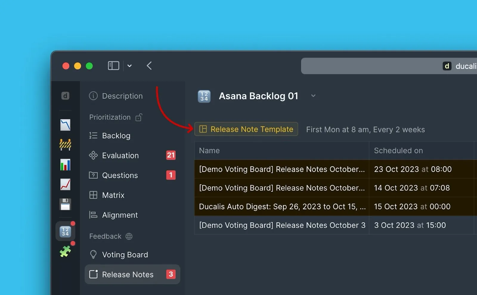 Интерфейс создания шаблона релиз ноутсов
