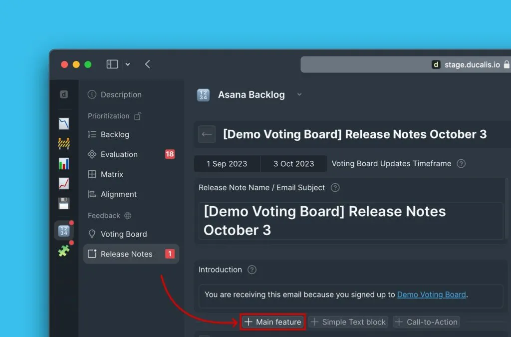 Опция блока Main Feature