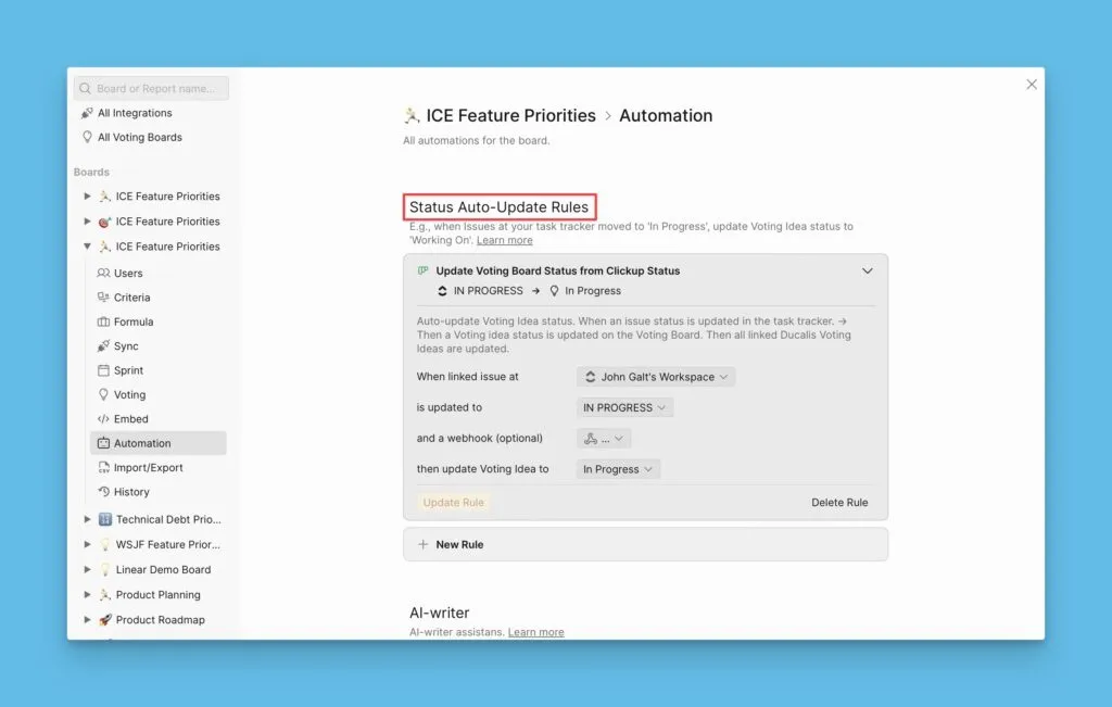 Конфигурация правила автообновления статуса