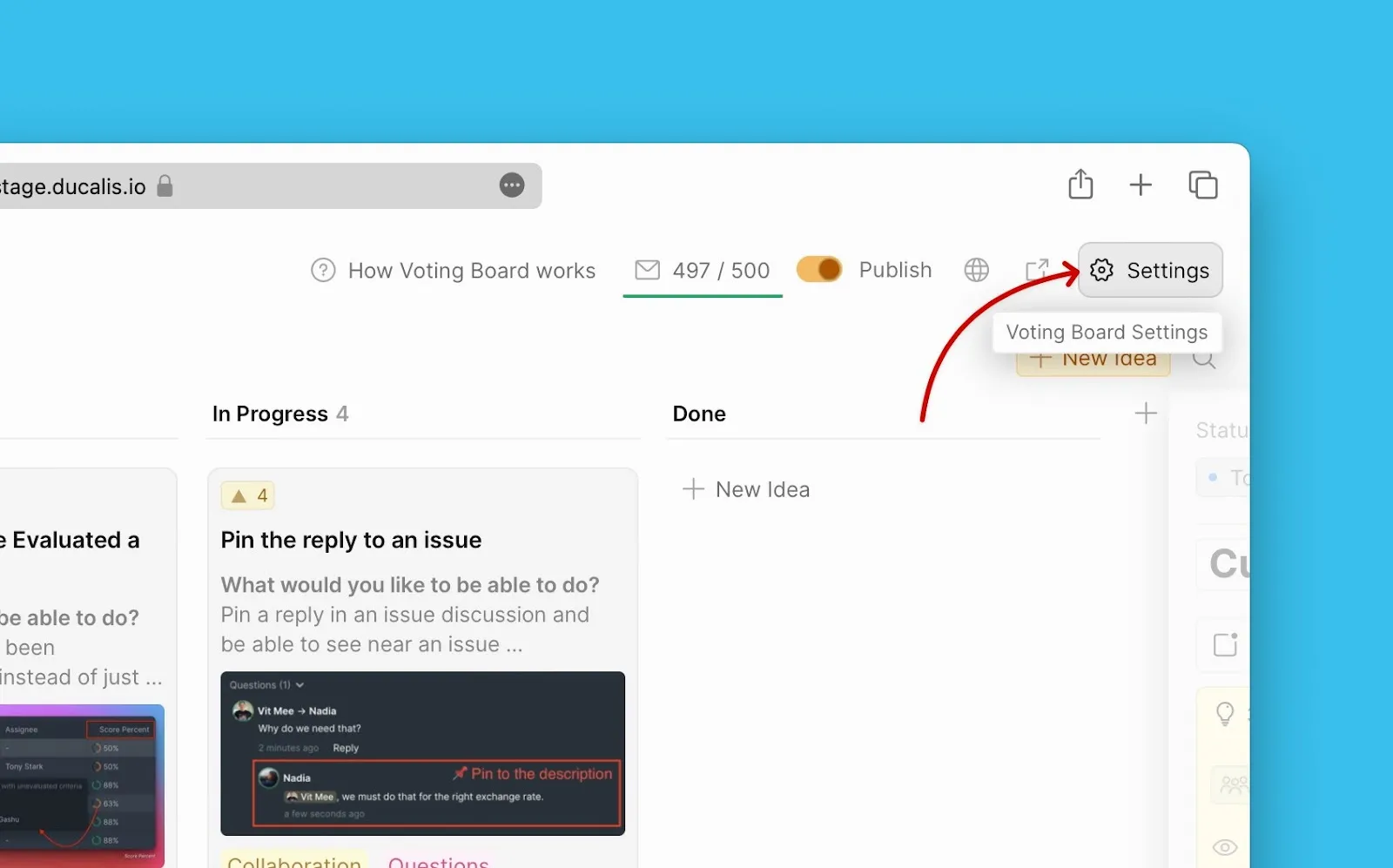 Меню настроек Доски идей