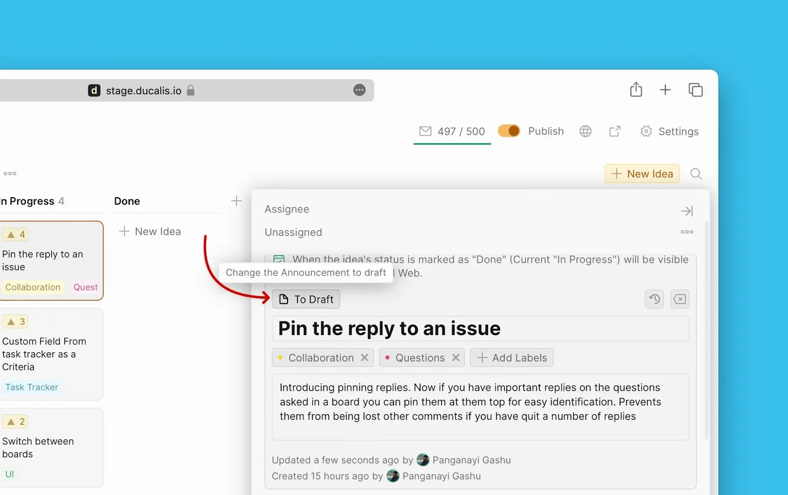Возврат анонса в черновики