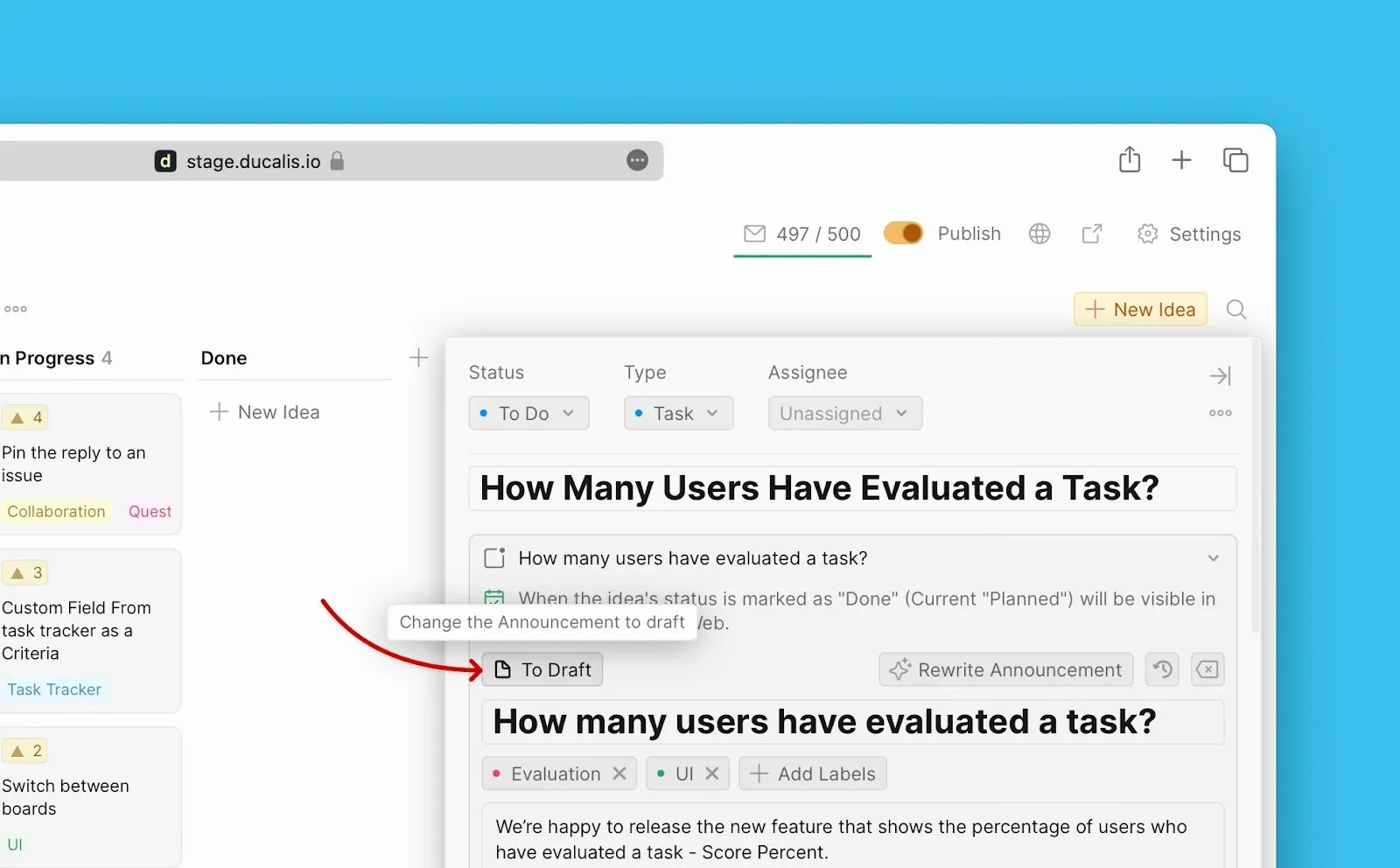 Возврат AI-анонса в черновики