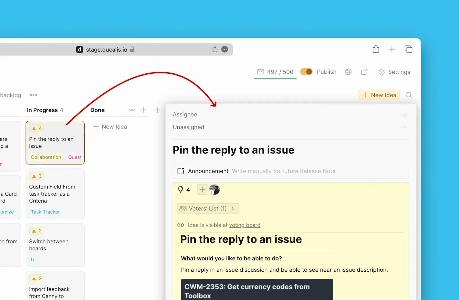 Открытие карточки Идеи