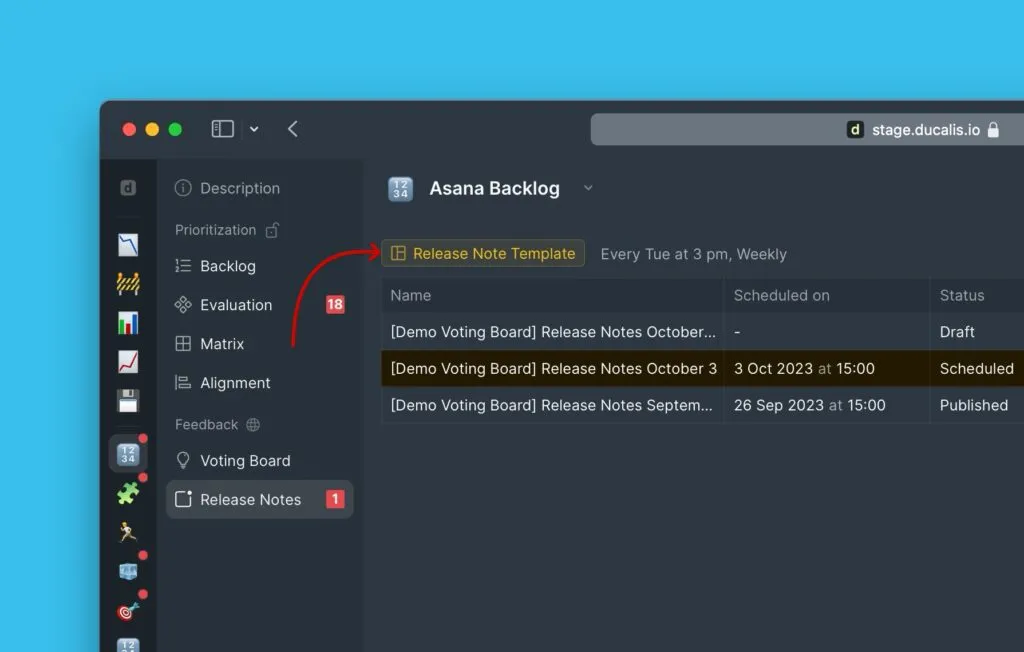 Расположение кнопки Release Note Template